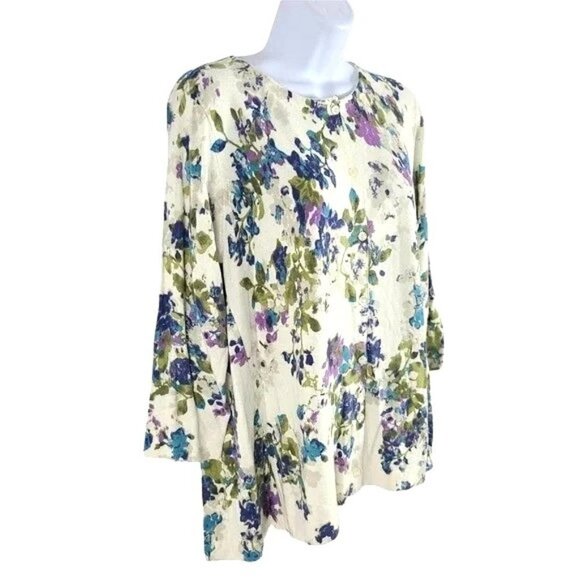 J. Jill Floral Cardigan Cream Purple Button Up 3/4 Sleeve Flared Hem Size S - Picture 1 of 8